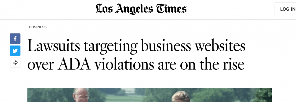 Los Angeles Times article headline regarding lawsuits against business websites over A D A violations.