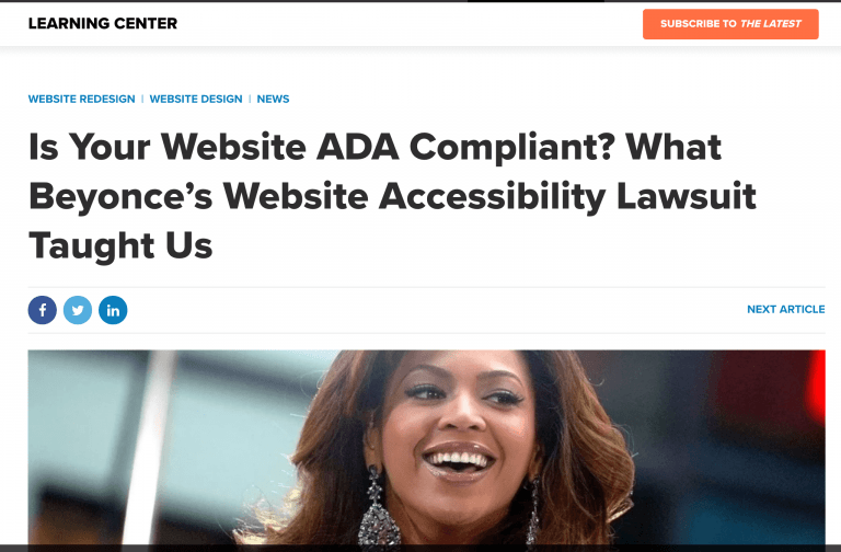 Article heading with picture of Beyonce regarding a website accessibility lawsuit against her.